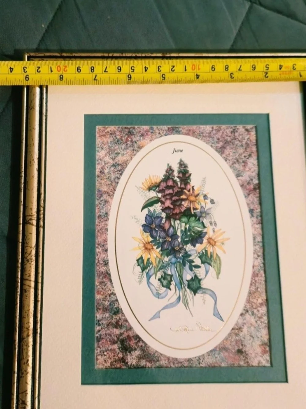 Gold Framed Floral Print with Teal Mat - Unbranded
